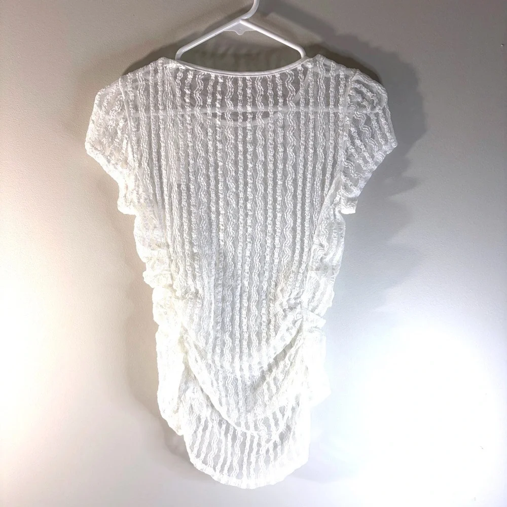 Popvil White Lace Ruched Swim Cover Up Top Short Sleeve Sheer Floral Small New
